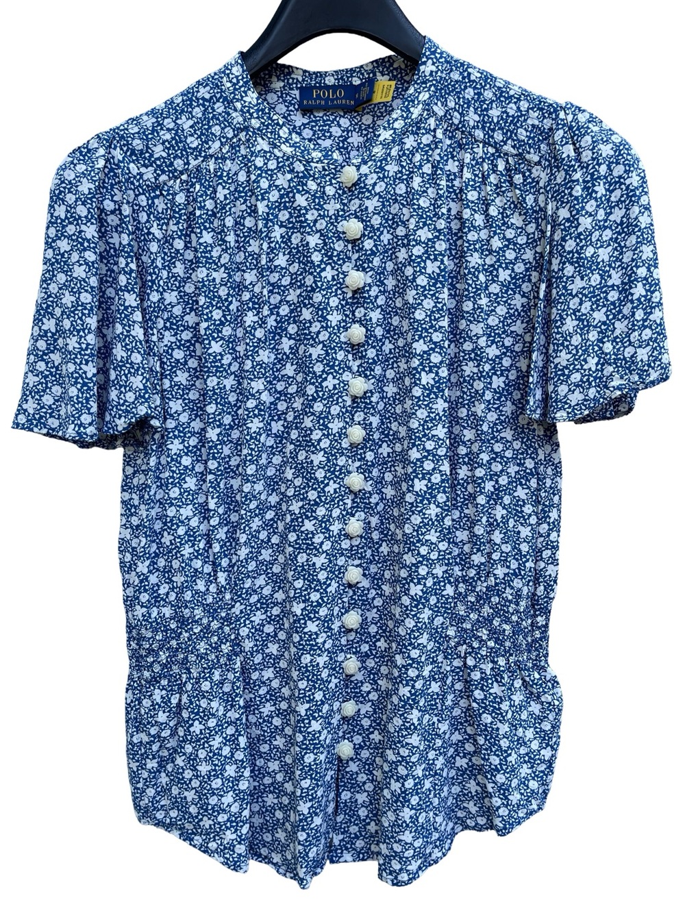 Polo Ralph Lauren Short Sleeve Top M Blue White Floral Rosebud Button Blouse
